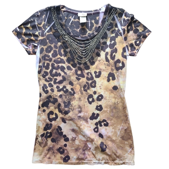 Daytrip by Buckle Leopard Print Tee Medium | Animal Print Glam Rock Chain Detail - Picture 2 of 8